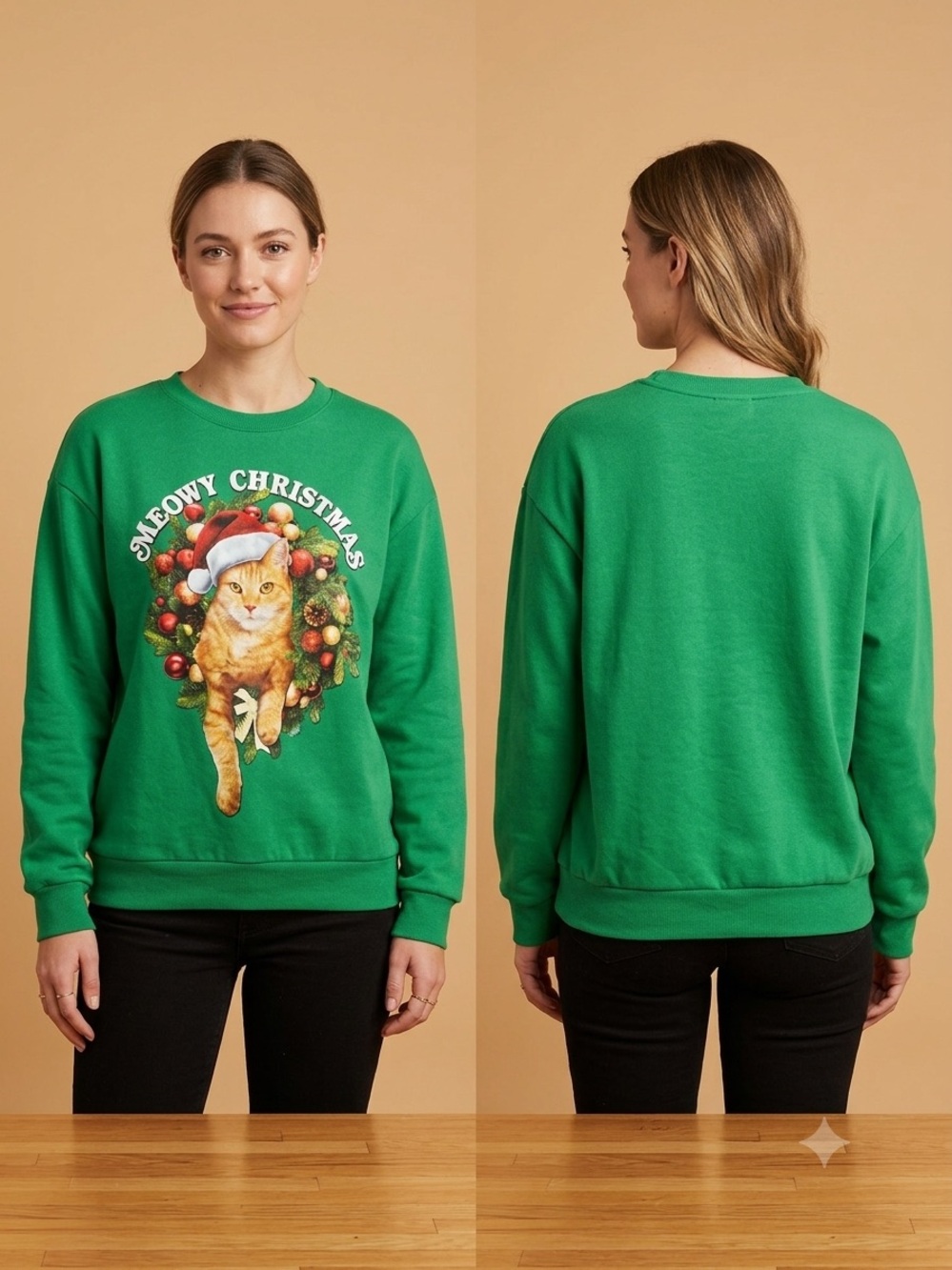 Women's Green 'Meowy Christmas' Cat Graphic Crewneck Sweatshirt
